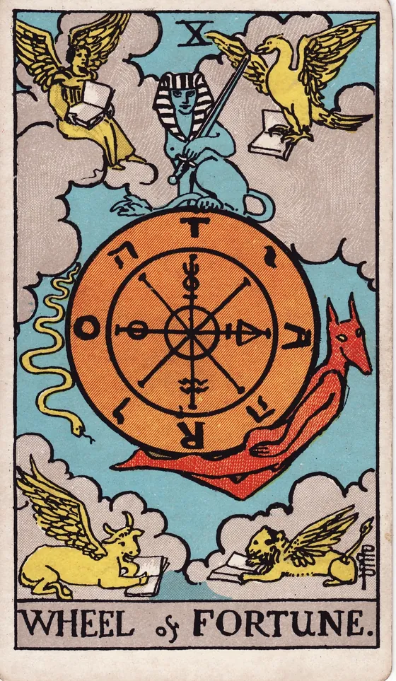 Tarotkarte Das Rad des Schicksals: Ein großes Rad schwebt in den Wolken. Oben sitzt eine Sphinx, links windet sich eine Schlange hinab, rechts steigt Anubis empor. In den vier Ecken lesen Engel, Adler, Stier und Löwe in ihren Büchern.
